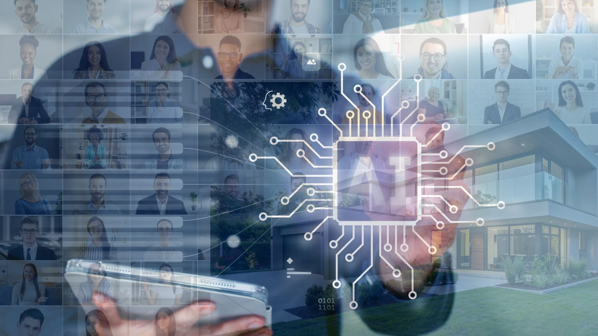 a person clicking on a screen that says Ai and in the background is a wall of professional people and a house.